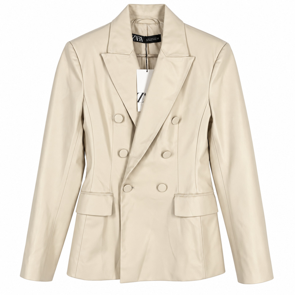 ZARA Faux Leather Double Breasted Blazer Size XS Cream Luxury Preppy